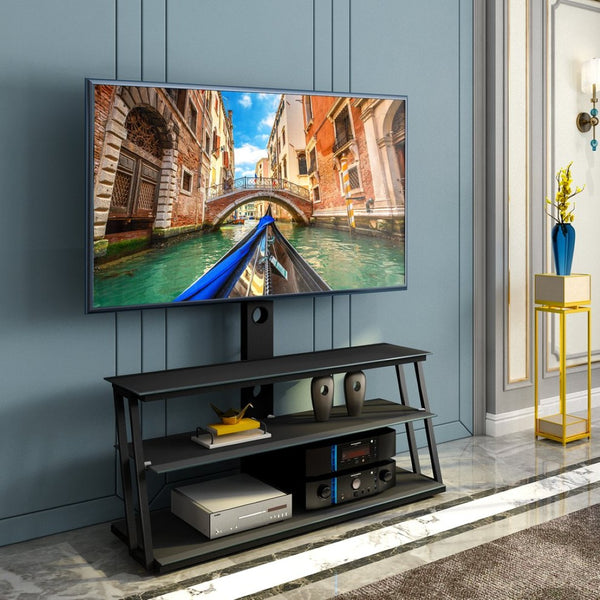 English Elm Black Tempered Glass Tv Stand with Swivel Mount and Three Tier Open Shelving W24104953