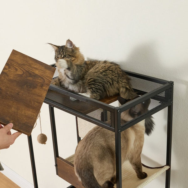 English Elm Corner Cat Tower with Feeding Cabinet Sisal Post and Climbing Platforms for Indoor Pets W1687106558