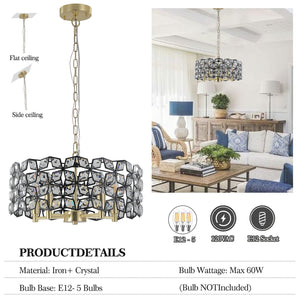 English Elm 19" Geometric Crystal BlackGold Round Pendant Chandelier, Modern 5-Light K9 Accent Light Fixture for Dining Room, Living Room, Kitchen (Bulb Not Included) W1340120158