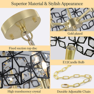 English Elm 19" Geometric Crystal BlackGold Round Pendant Chandelier, Modern 5-Light K9 Accent Light Fixture for Dining Room, Living Room, Kitchen (Bulb Not Included) W1340120158