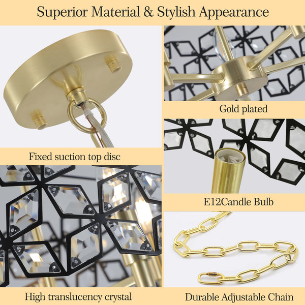 English Elm 19" Geometric Crystal BlackGold Round Pendant Chandelier, Modern 5-Light K9 Accent Light Fixture for Dining Room, Living Room, Kitchen (Bulb Not Included) W1340120158