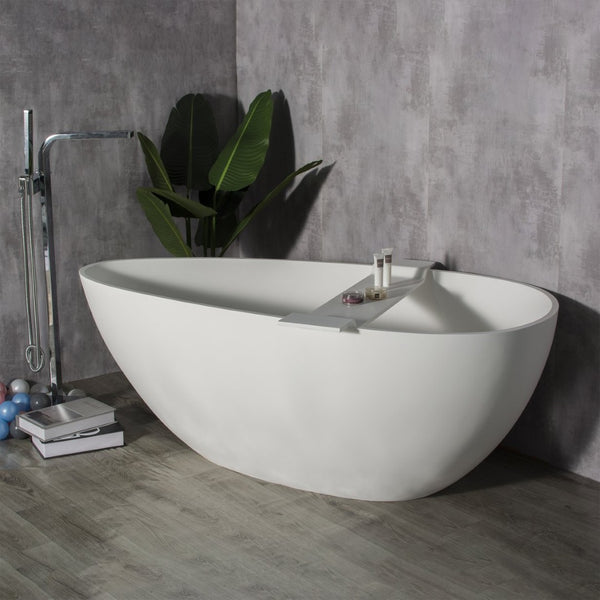English Elm 59 Inch Stone Resin Freestanding Egg Bathtub Matte White Spa Soaking Centerpiece W161370618