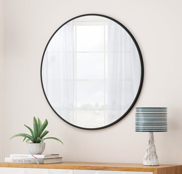 English Elm Wall Mirror 36 Inch Round Matte Metal Frame Modern Decor for Bath or Living Room Black W1435127088