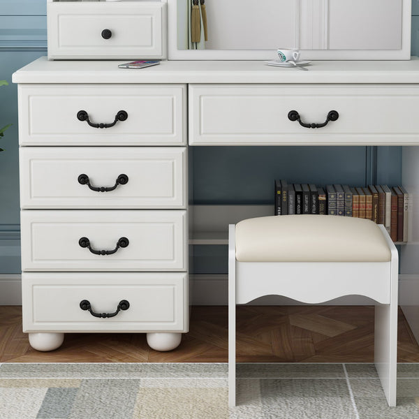 English Elm Fashion Vanity Desk LED Mirror with 3-Color Dimmable Lights, Large Mirror, 6 Drawers & Shelves, White W509120067