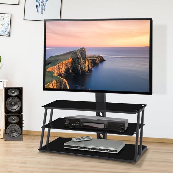 English Elm Black Tempered Glass Tv Stand with Swivel Mount and Three Tier Open Shelving W24104953
