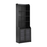 English Elm Elegant Tall Cabinet With Acrylic Board Door, Versatile Sideboard With Graceful Curves, Contemporary Bookshelf With Adjustable Shelves For Living Room, Black