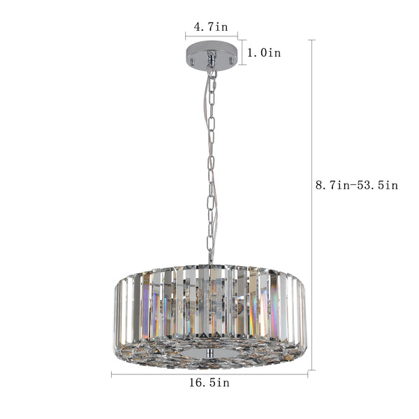 English Elm 17" Modern Crystal Drum Pendant Chandelier with Chrome Finish, Adjustable 39" Chain, K9 Crystals, E26 x4 Elegance W1340120171