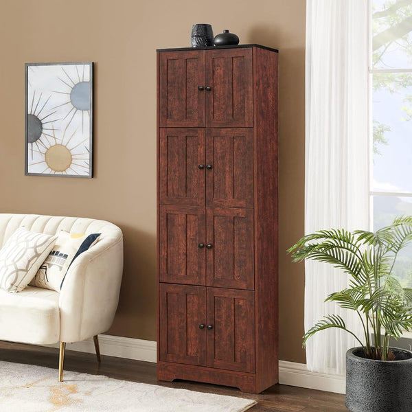 English Elm Tall Walnut Floor Cabinet with Eight Doors Four Compartments for Organized Vertical Storage W1693111252