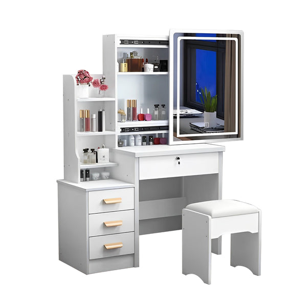 English Elm Fashion Lighted Vanity Desk with Large Mirror, 3-Color Dimmable LEDs, 4 Drawers & Shelves, White W509120066