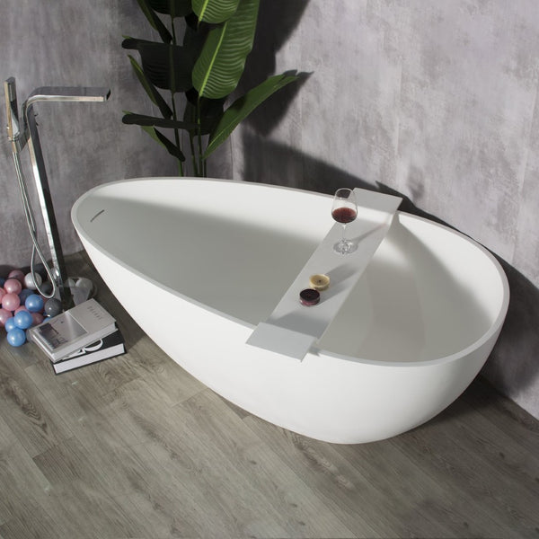 English Elm 59 Inch Stone Resin Freestanding Egg Bathtub Matte White Spa Soaking Centerpiece W161370618