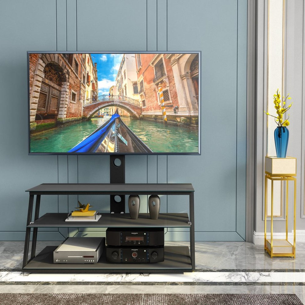 English Elm Black Tempered Glass Tv Stand with Swivel Mount and Three Tier Open Shelving W24104953