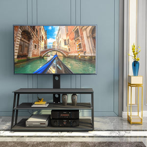 English Elm Black Tempered Glass Tv Stand with Swivel Mount and Three Tier Open Shelving W24104953