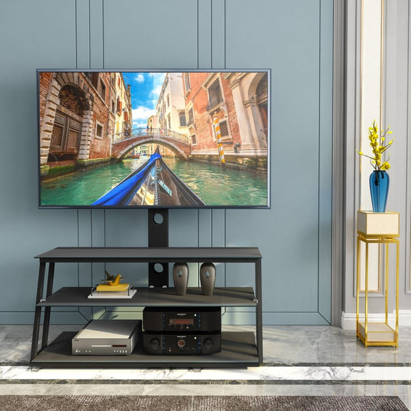 English Elm Black Tempered Glass Tv Stand with Swivel Mount and Three Tier Open Shelving W24104953