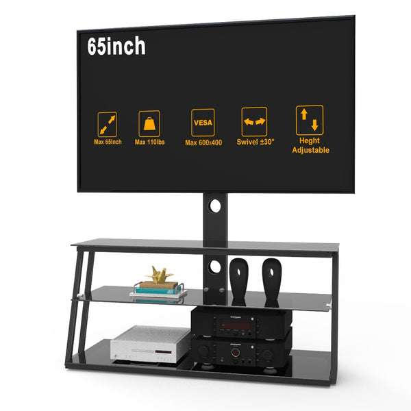 English Elm Black Tempered Glass Tv Stand with Swivel Mount and Three Tier Open Shelving W24104953
