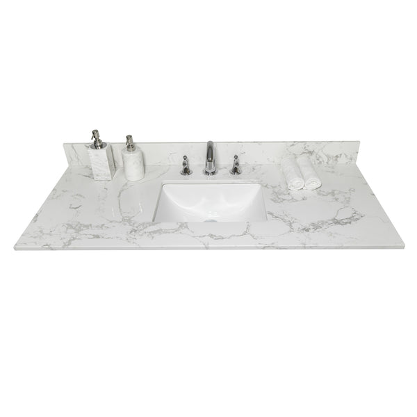 English Elm Montary Carrara White Marble Engineered Stone Vanity Top With Rectangular Sink & Backsplash, 43X22 W50921982
