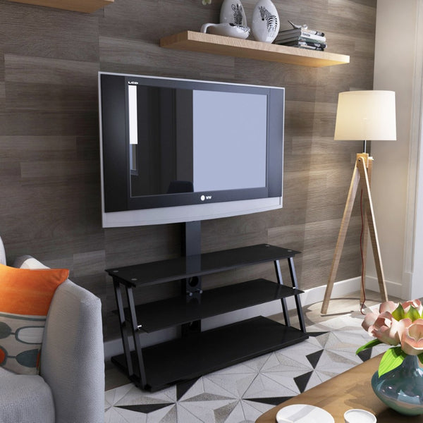 English Elm Black Tempered Glass Tv Stand with Swivel Mount and Three Tier Open Shelving W24104953