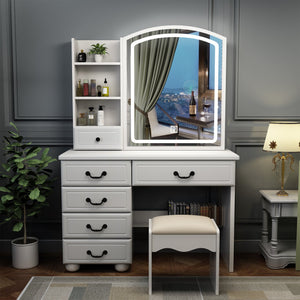 English Elm Fashion Vanity Desk LED Mirror with 3-Color Dimmable Lights, Large Mirror, 6 Drawers & Shelves, White W509120067