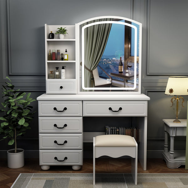 English Elm Fashion Vanity Desk LED Mirror with 3-Color Dimmable Lights, Large Mirror, 6 Drawers & Shelves, White W509120067