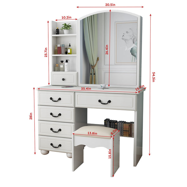 English Elm Fashion Vanity Desk LED Mirror with 3-Color Dimmable Lights, Large Mirror, 6 Drawers & Shelves, White W509120067