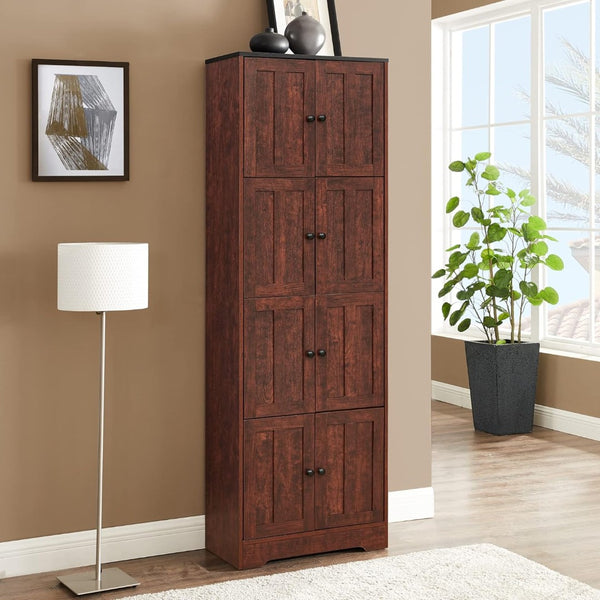 English Elm Tall Walnut Floor Cabinet with Eight Doors Four Compartments for Organized Vertical Storage W1693111252