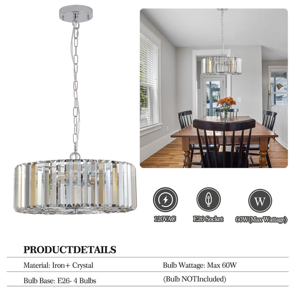 English Elm 17" Modern Crystal Drum Pendant Chandelier with Chrome Finish, Adjustable 39" Chain, K9 Crystals, E26 x4 Elegance W1340120171