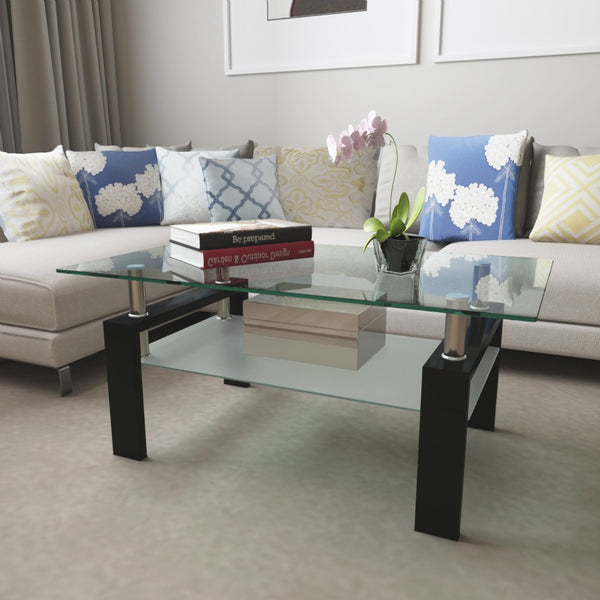English Elm Rectangle Two Tier Tempered Glass Coffee Table Modern Iron Frame Living Room Accent Black W241P367356
