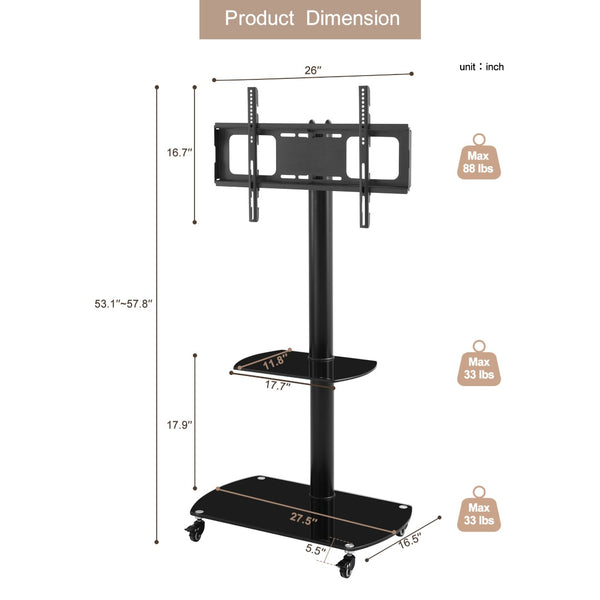 English Elm Height Adjustable Mobile Tv Stand with Tempered Glass Shelves and Full Motion Bracket W24105040
