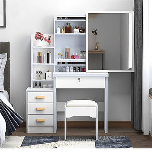 English Elm Fashion Lighted Vanity Desk with Large Mirror, 3-Color Dimmable LEDs, 4 Drawers & Shelves, White W509120066