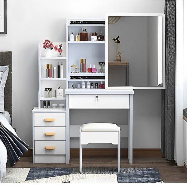 English Elm Fashion Lighted Vanity Desk with Large Mirror, 3-Color Dimmable LEDs, 4 Drawers & Shelves, White W509120066