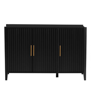 English Elm U-style Three Door Cabinet with Metal Handles Grain Panel Mdf and Pine Legs Black N711P334886B