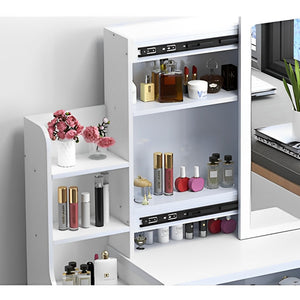 English Elm Fashion Lighted Vanity Desk with Large Mirror, 3-Color Dimmable LEDs, 4 Drawers & Shelves, White W509120066