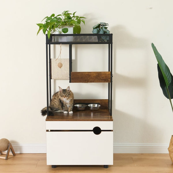 English Elm Corner Cat Tower with Feeding Cabinet Sisal Post and Climbing Platforms for Indoor Pets W1687106558