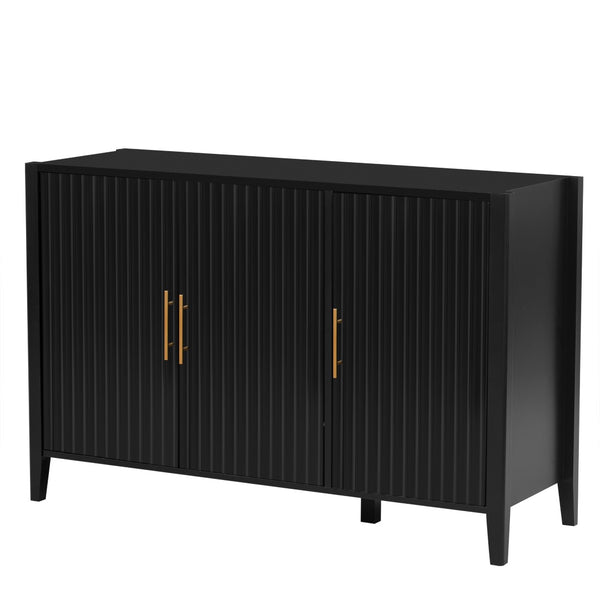 English Elm U-style Three Door Cabinet with Metal Handles Grain Panel Mdf and Pine Legs Black N711P334886B