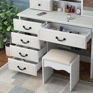 English Elm Fashion Vanity Desk LED Mirror with 3-Color Dimmable Lights, Large Mirror, 6 Drawers & Shelves, White W509120067