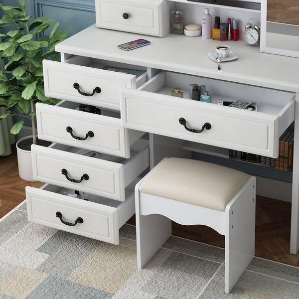 English Elm Fashion Vanity Desk LED Mirror with 3-Color Dimmable Lights, Large Mirror, 6 Drawers & Shelves, White W509120067