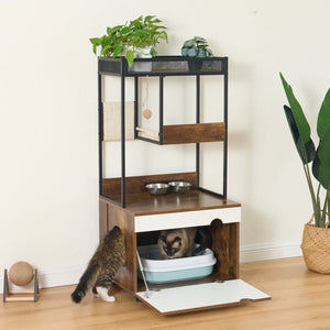 English Elm Corner Cat Tower with Feeding Cabinet Sisal Post and Climbing Platforms for Indoor Pets W1687106558