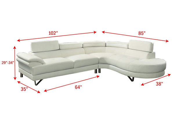English Elm Living Room Furniture Sectional Sofa Set - Modern White Faux Leather With Adjustable Headrests & Chaise B011S00540