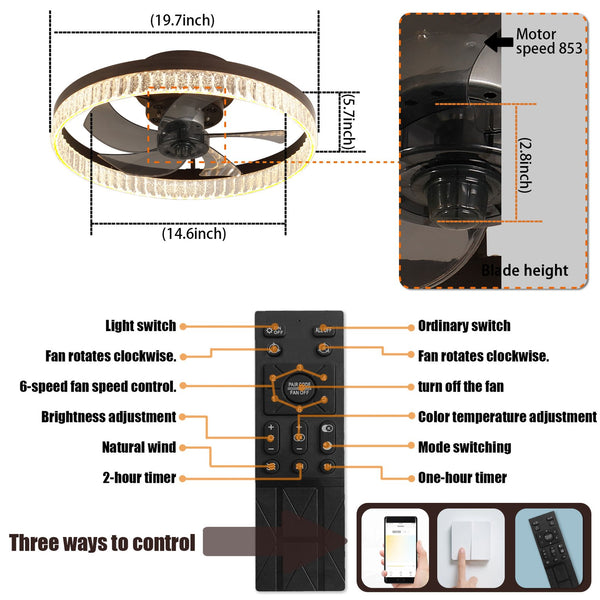 English Elm 20" Brown Ceiling Fan LED Light — Silent 21dB Flush Mount, 6 Speeds, 3-Color Dimmable Remote for Home W1340121803