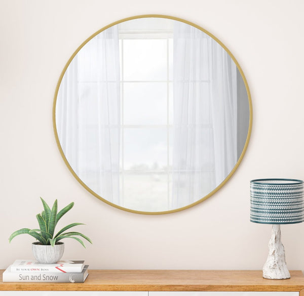 English Elm Wall Mirror 36 Inch Round Matte Metal Frame Modern Decor for Bath or Living Room Gold W1435127089