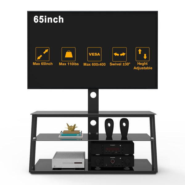 English Elm Black Tempered Glass Tv Stand with Swivel Mount and Three Tier Open Shelving W24104953