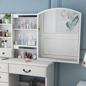 English Elm Fashion Vanity Desk LED Mirror with 3-Color Dimmable Lights, Large Mirror, 6 Drawers & Shelves, White W509120067