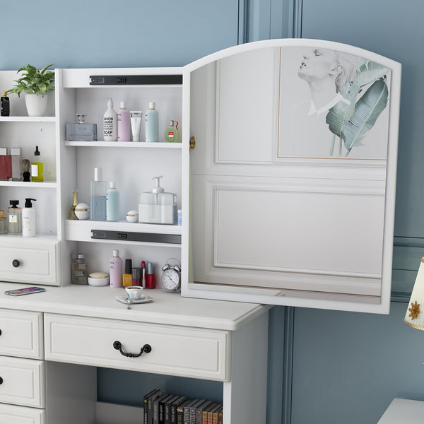 English Elm Fashion Vanity Desk LED Mirror with 3-Color Dimmable Lights, Large Mirror, 6 Drawers & Shelves, White W509120067