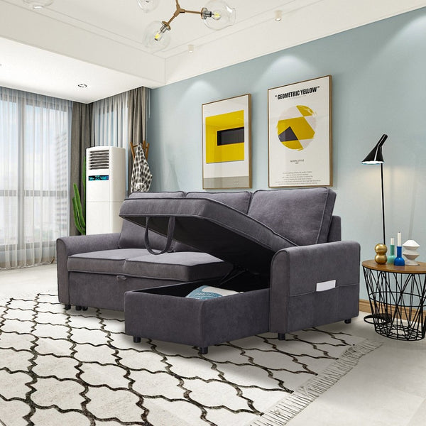 English Elm Mgea Modular Linen Sectional Sleeper Sofa with Storage Chaise for Small Spaces W975S00008