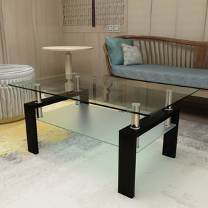 English Elm Rectangle Two Tier Tempered Glass Coffee Table Modern Iron Frame Living Room Accent Black W241P367356