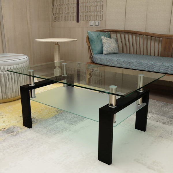 English Elm Rectangle Two Tier Tempered Glass Coffee Table Modern Iron Frame Living Room Accent Black W241P367356
