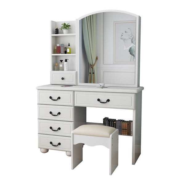 English Elm Fashion Vanity Desk LED Mirror with 3-Color Dimmable Lights, Large Mirror, 6 Drawers & Shelves, White W509120067