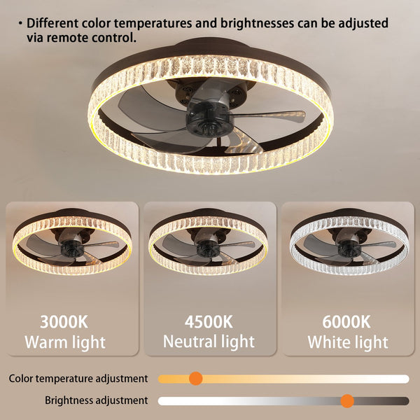 English Elm 20" Brown Ceiling Fan LED Light — Silent 21dB Flush Mount, 6 Speeds, 3-Color Dimmable Remote for Home W1340121803