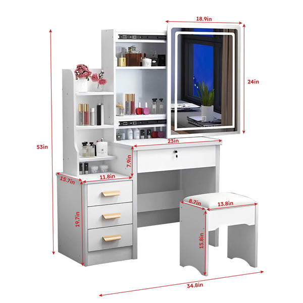 English Elm Fashion Lighted Vanity Desk with Large Mirror, 3-Color Dimmable LEDs, 4 Drawers & Shelves, White W509120066