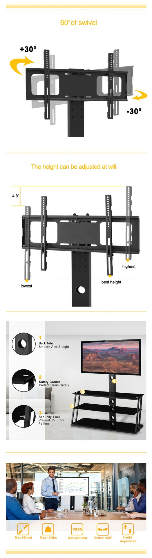 English Elm Black Tempered Glass Tv Stand with Swivel Mount and Three Tier Open Shelving W24104953