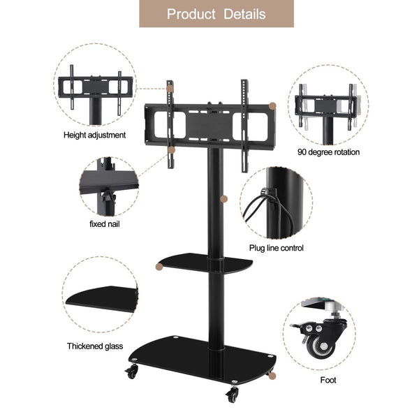 English Elm Height Adjustable Mobile Tv Stand with Tempered Glass Shelves and Full Motion Bracket W24105040